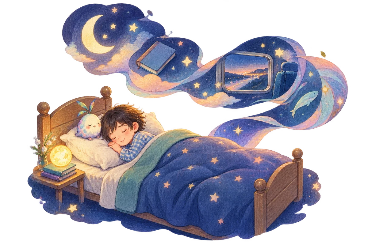 眠る子どものそばから、月やノートや電車の窓など夢の断片が帯のように浮かぶ水彩風イラスト