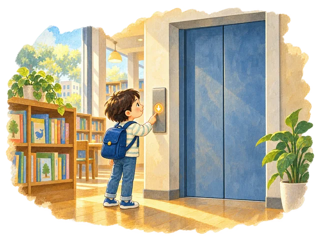 図書館のエレベーターを待つ場面を描いた絵本の挿絵